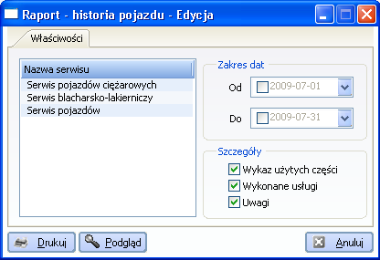 Następnie ustawiamy parametry raportu. Okno służące do ustawiania parametrów raportu wygląda następująco (Rys.