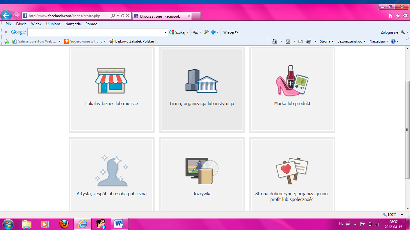 6. Otwieramy główną stronę Facebooka www.facebook.com i klikamy na opcję Utwórz stronę dla gwiazdy, zespołu lub firmy. Opcja znajduje się na dole ekranu pod przyciskiem Rejestracja. 7.