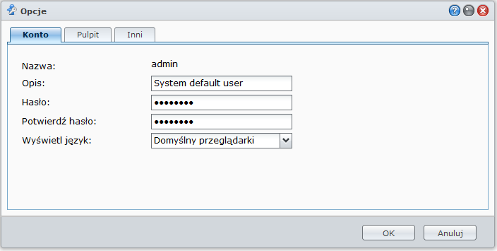Zarządzanie opcjami osobistymi USB Station 2 Przewodnik Kliknij przycisk Opcje znajdujący się w prawym górnym rogu Menu głównego, aby zarządzać następującymi opcjami konta systemu DSM.