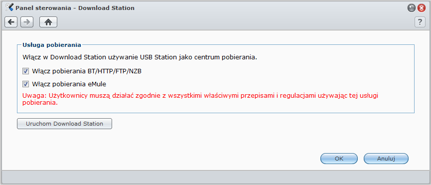 Włączanie aplikacji Download Station USB Station 2 Przewodnik Aby włączyć aplikację Download Station, przejdź do opcji Menu główne > Panel sterowania > Download Station.