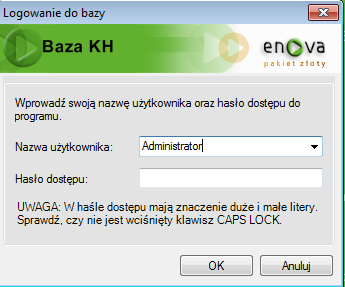 Jeżeli po uruchomieniu, jako widok startowy wyświetlane są dane związane bezpośrednio z jedną ze zdefiniowanych w programie kartotek, to przed ich wyświetleniem program zażąda autoryzacji użytkownika.
