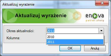 Rys. 188 Aktualizowanie wyrażenia Po wykonaniu aktualizacji na pozycji zestawienia w polu okres pojawiają się dwa przedziały czasowe: ( 2011) wszystkie okresy obrachunkowe przed 2011 <2011 )