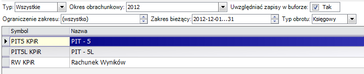 Rys. 333 Lista zapisów w KPIR Listę zapisów księgowych można zawężać, przeglądać używając filtrów. Filtr obejmuje: Okres obrachunkowy podanie roku obrachunkowego. Zakres data za dany miesiąc.