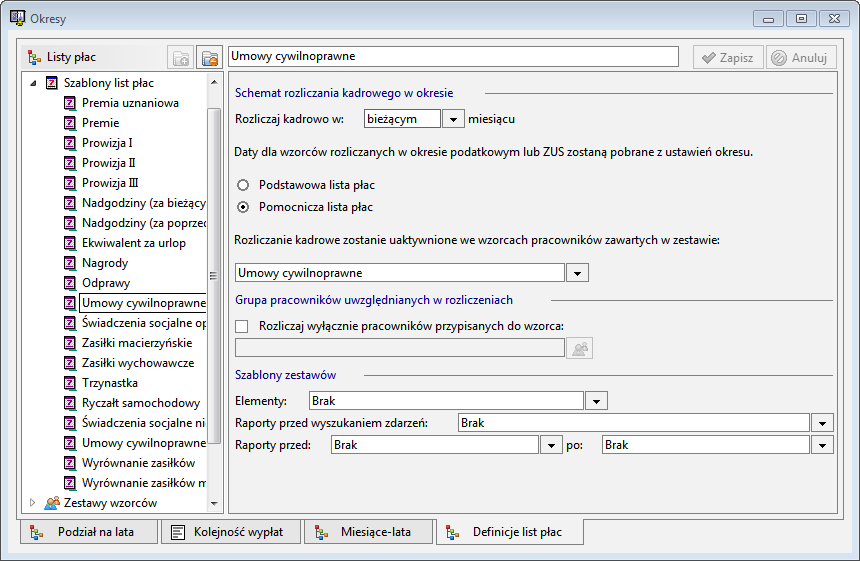 Podręcznik użytkownika Sage Symfonia Kadry i Płace 193 Szablony list płac Szablony widoczne są w oknie Okresy, zakładka Definicje list płac, katalog Szablony list płac.