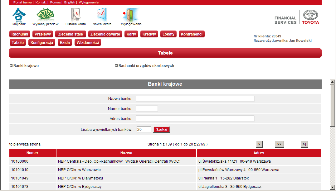 818170707070 - adresie banku (fragmencie adresu). Po wpisaniu w pola szukanego ciągu znaków i naciśnięciu klawisza Szukaj wyświetlona zostaje lista banków spełniających zadane kryteria.