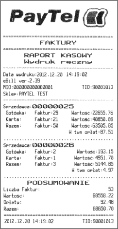 Przykładowy wydruk raportu kasowego: Identyfikator Agenta Dane punktu przyjmującego opłatę Liczba i wartość faktur wprowadzonych przez Sprzedawcę 25 oraz suma opłat manipulacyjnych w podziale na
