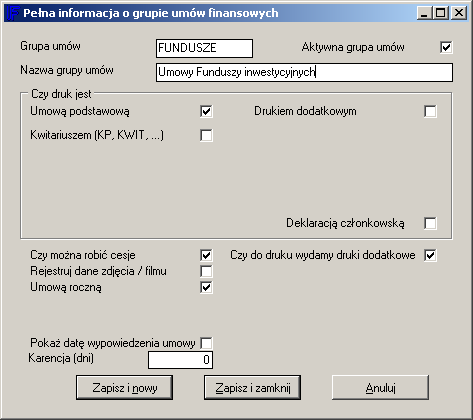 Poszczególne pola oznaczają: Grupa umów oznacza skrócony symbol grupy druków, umów Nazwa grupy umów jak sama nazwa mówi że jest to pełna nazwa grupy Aktywna grupa umów pole to możemy wyłączyć jeżeli