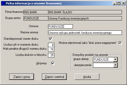 Poszczególne pola oznaczają: Umowa - symbol umowy musi być unikalny w obrębie danej firmy.