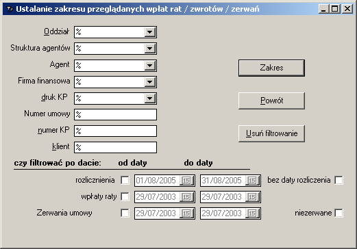 Wykaz taki można również filtrować po oddziale, strukturze Agentów, Agentach, firmie finansowej, numerze umowy, kliencie, terminach wpłaty, zapłaty, rozliczenia itp.