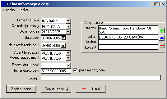 Jeżeli funkcja jest wywoływana spod Pełnej informacji o umowie, to operacja ta dotyczy wskazanej umowy.