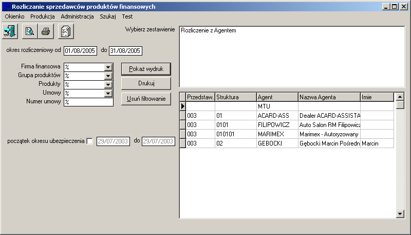 - okres rozliczeniowy - firma finansowa - grupę produktów - rodzaj i numer umowy - początek okresu umowy oraz czy chcemy aby na zestawieniu widoczne była produkcja tylko jednego Agenta, całej