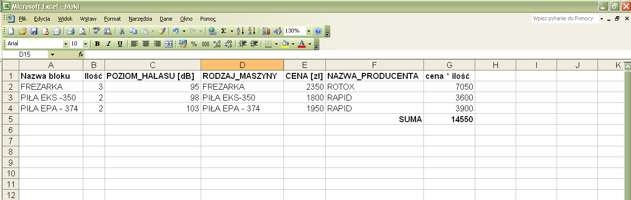 Tabela w programie MS Excel powinna przyjąć postać widoczną na rys. 3. Rys.