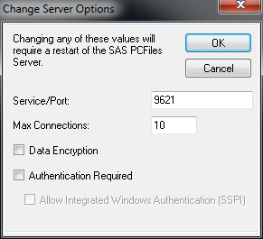 18 Okno zmiany opcji pozwala na ustawienie następujących parametrów: Port nasłuchu na połączenia Maksymalna liczba jednoczesnych połączeń do serwera Szyfrowanie komunikacji pomiędzy SAS-em a PC Files