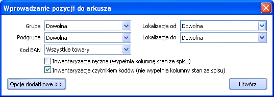 szybkie ustalenie rzeczywistych stanów magazynowych przy uŝyciu czytnika kodów kreskowych. W takim przypadku podczas tworzenia dokumentu AI wybieramy opcję Inwentaryzacja czytnikiem kodów.