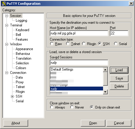 Wygląd okna konfiguracji PuTTY Tunel SSH na Wydziale FTiMS PG można utworzyć mając dostęp do jednego z serwerów Z dostępem