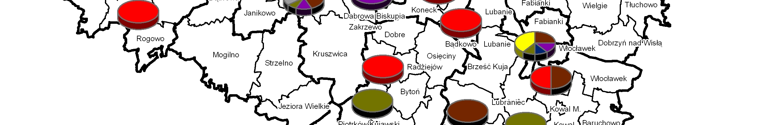 Mapa 1: Struktura branżowa mikroprzedsiębiorstw wspartych środkami EFRR w ramach RPO WK-P w poszczególnych gminach województwa kujawsko-pomorskiego (analiza dotyczy projektów, które otrzymały