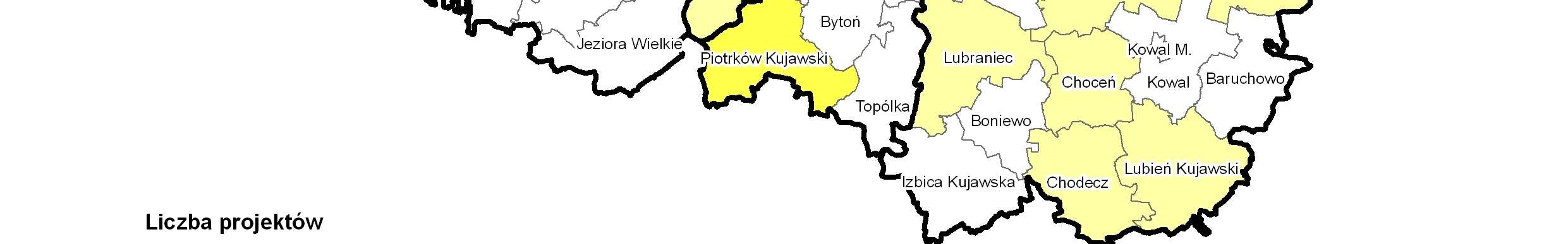 Mapa 2: Liczba projektów realizowanych przez mikroprzedsiębiorców * w ramach RPO WK-P w poszczególnych gminach województwa kujawsko-pomorskiego.