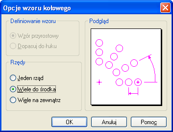 Wzór kołowy i prostokątny W zasadzie każdy istniejący na rynku system 2D posiada funkcję tworzenia kołowego lub prostokątnego szyku wystąpień elementów.