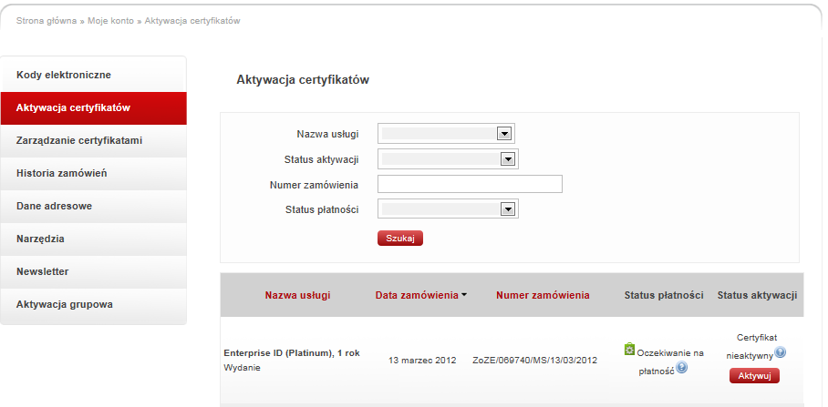 stronie Aktywacja certyfikatów. Rysunek 38 Aktywacja certyfikatów 6.