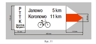 b) Tablicę informacyjną z siecią stras (szlaków) lub z przebiegiem trasy (szlaku) o wymiarach 600 x 750 mm lub 750 x 1000 mm.