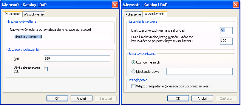 Rysunek 15: Okno ustawień LDAP, zakładki Połączenie i Wyszukiwanie Ustawienia naleŝy zatwierdzić przyciskiem OK.