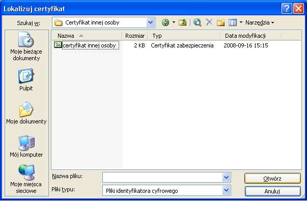 W nowo otwartym oknie Lokalizuj certyfikat wyszukujemy plik z certyfikatem, zaznaczamy go, a następnie naciskamy Otwórz.