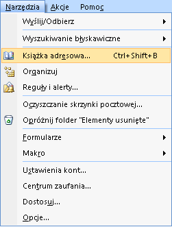 8. Usuwanie certyfikatu innej osoby JeŜeli chcemy usunąć certyfikat innej osoby, powinniśmy wybrać w menu programu Outlook 2007 pozycję Narzędzia, a następnie KsiąŜka adresowa.