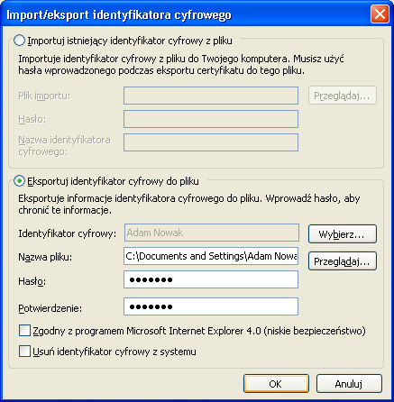 W polu Nazwa pliku naleŝy podać ścieŝkę dostępu oraz nazwę dla pliku, który zostanie utworzony w czasie eksportu certyfikatu.