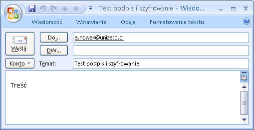 10. Podpisywanie i/lub szyfrowanie pojedynczych wiadomości 10.1. Podpisywanie i/lub szyfrowanie wiadomości W celu elektronicznego podpisania stworzonej przez nas wiadomości naleŝy w oknie, w którym edytujemy wiadomość, kliknąć przycisk koperty z kotylionem.