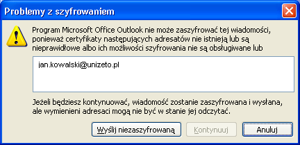 Rysunek 76: Automatycznie ustawienie podpisywania i szyfrowania wiadomości Zaznaczenie opcji Szyfruj treść i załączniki wysyłanych wiadomości spowoduje, Ŝe treść i załączniki wysyłanych wiadomości