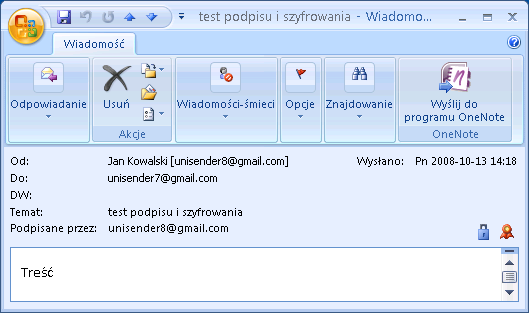 Rysunek 79: Zaszyfrowane i podpisane wiadomości w skrzynce odbiorczej JeŜeli otworzymy podpisaną i/lub zaszyfrowaną przez nadawcę wiadomość, program Outlook 2007 wyświetli o tym informacje w postaci