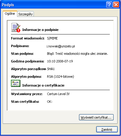 informacjami o podpisie elektronicznym i certyfikacie.