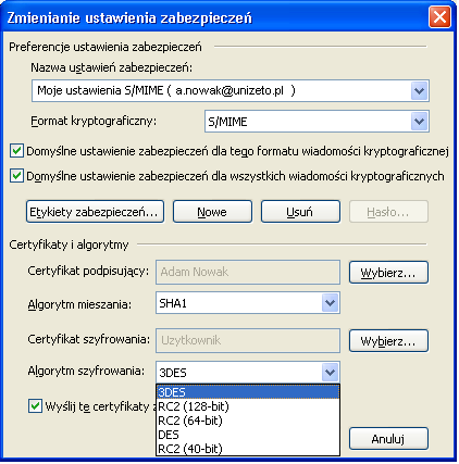 Rysunek 7: Wybór algorytmu do szyfrowania z listy rozwijalnej Potem określamy, czy program ma automatycznie wysyłać określone przez nas wcześniej certyfikaty razem z podpisanymi wiadomościami.