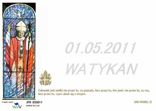 koperta wydawca Wojciech Banasiuk, logo wydawcy, JPII 03/2011. Nakład 80 szt. 01.05.2011. WATYKAN.