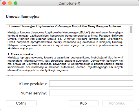 6 8. Na kolejnej stronie znajduje się umowa licencyjna. On the next page you can see the Paragon s license agreement. Aby kontynuować, należy wprowadzić informacje rejestracyjne, tzn.