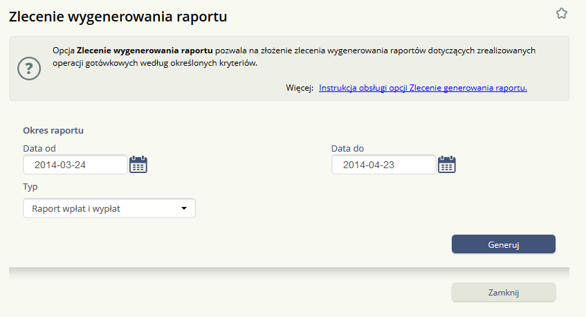 Po zdefiniowaniu parametrów dla raportu należy wybrać przycisk Gereruj. System BOŚBank24 iboss przekaże do systemu obsługi gotówki kryteria generowania raportu.