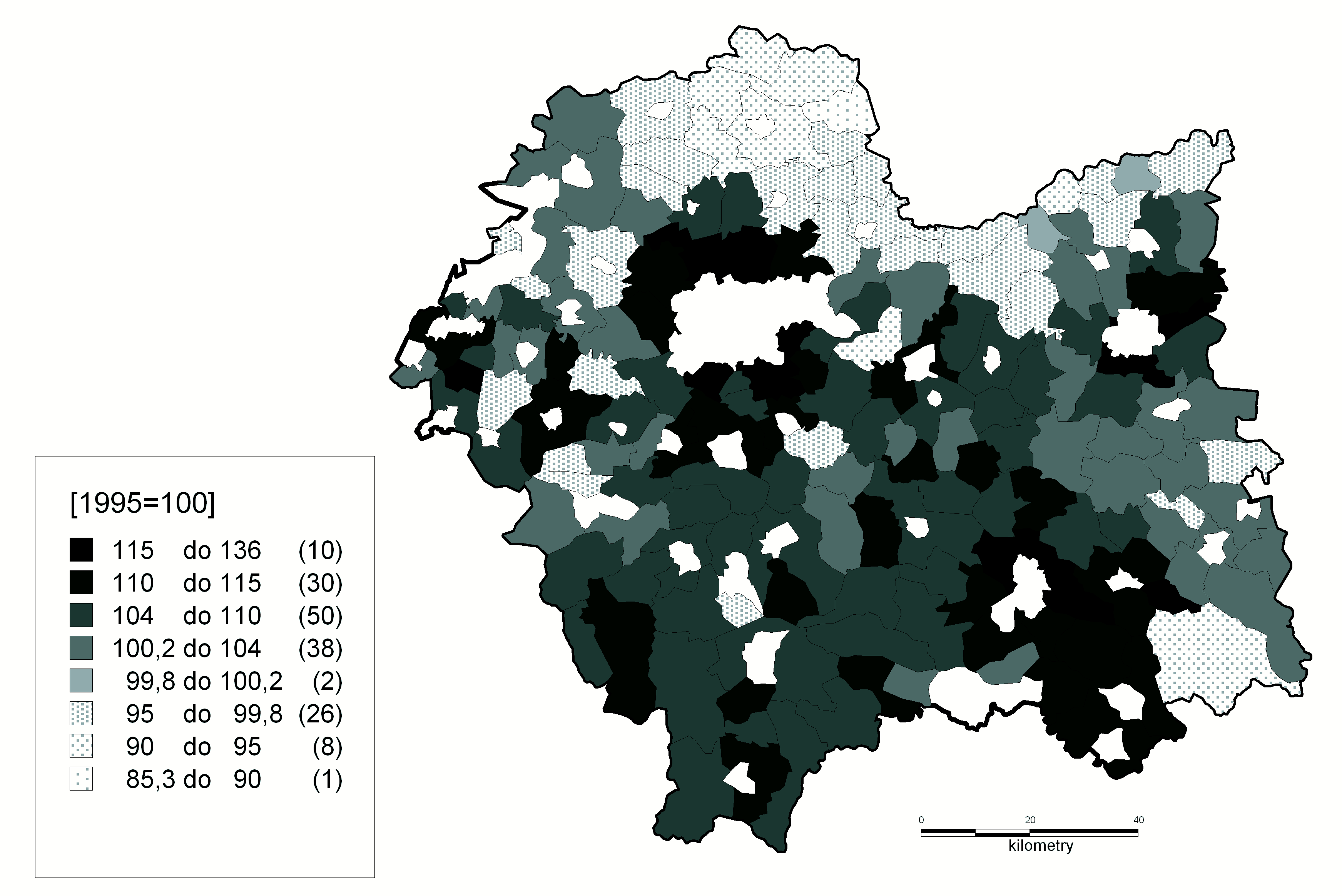 Gmina Iwanowice Schemat: Zmiany w liczbie ludności w gminach wiejskich Małopolski w latach 1995-2007 (źródło: Górz B., Uliszak R.