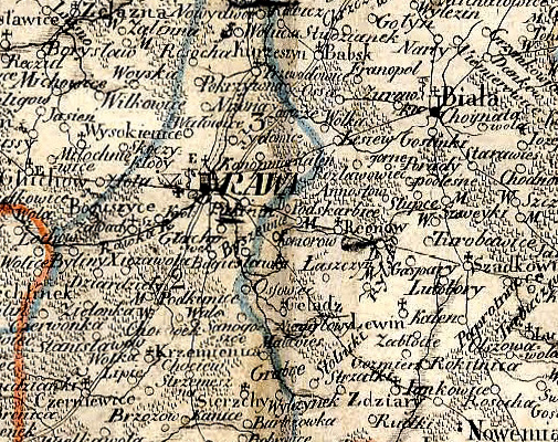 Rawa Mazowiecka na mapie Królestwa Polskiego z 1826 roku. W 1863 roku wybuchło powstanie styczniowe.