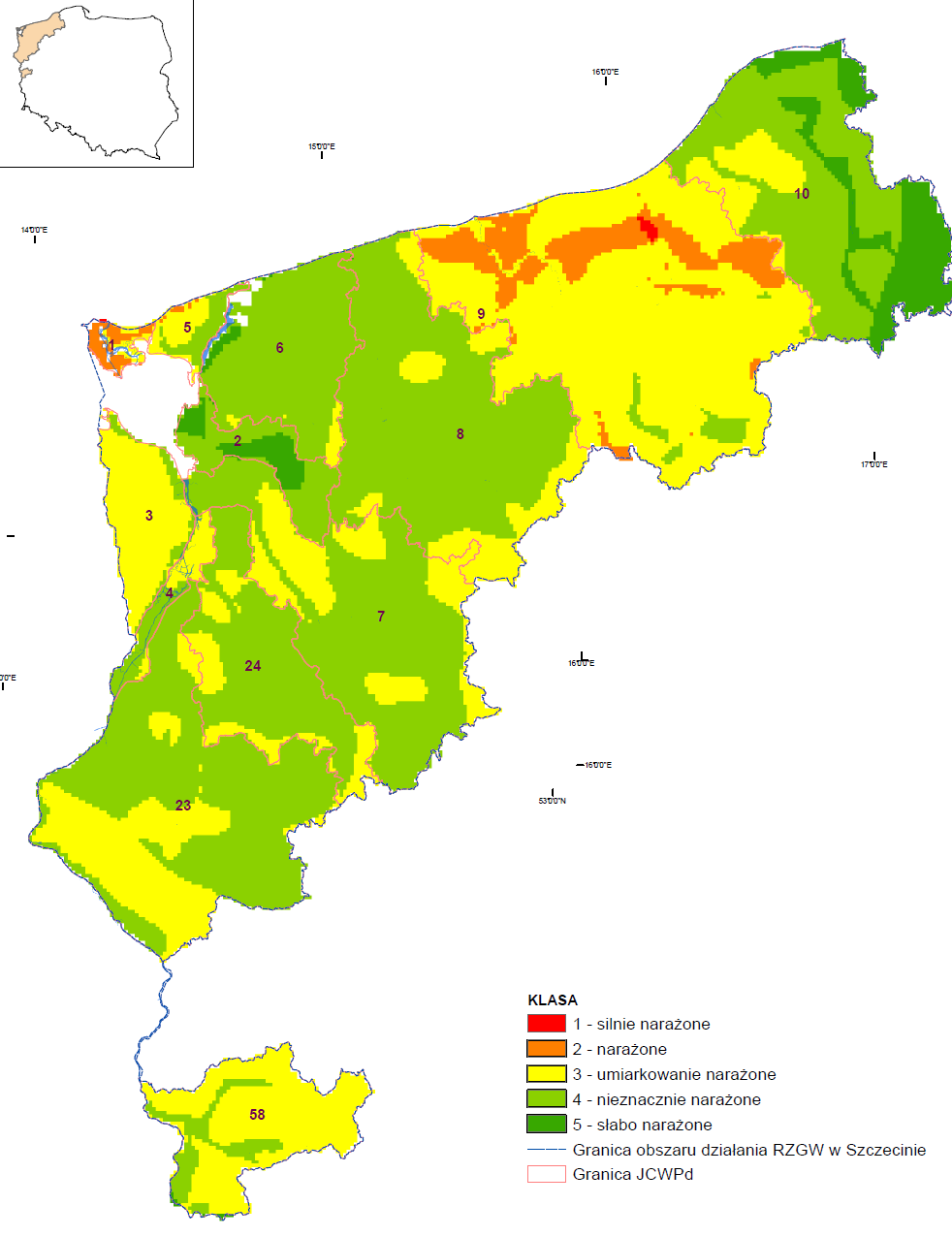 Rys.. Mapa narażenia i podatności na zagrożenie suszą hydrogeologiczną Finalnie hierarchizacja obszarów narażonych na skutki suszy pod kątem wskazania obszarów wymagających działao łagodzących