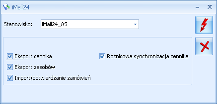 Str. 206 Moduł Handel v. 2012 Rys. imall24 synchronizacja. Należy wskazać, czego ma dotyczyć synchronizacja. Oddzielnie można dokonywać eksportów samych towarów, a oddzielnie importu zamówień.