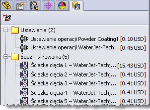 Narzędzie kalkulacji kosztów Costing 5. Menedżer kosztów CostingManager w drzewie operacji FeatureManager wyświetla operacje technologiczne, np.