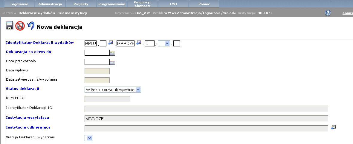1.1 Wprowadzanie danych dotyczących Deklaracji wydatków Zostaje wyświetlony formularz Nowa Deklaracja.