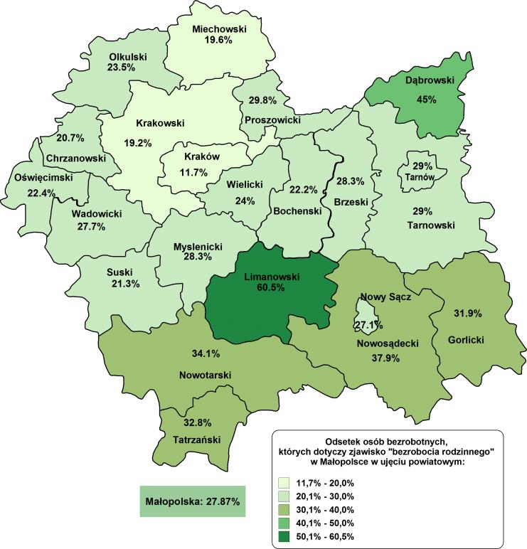 w miastach powiatowych województwa: Krakowie i Nowym Sączu 28 (kolejno: 16,5% oraz 21,8%).