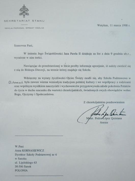 List do Jego Swietobliwosci Ojca Swietego Jana Pawła II z prosba o nadanie imienia szkole