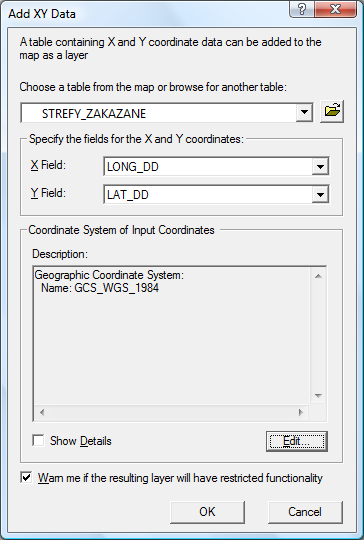 Praca nad projektem w programie ArcGIS (1 z 3) W programie ArcGIS stworzony został projekt, dla którego wybrano system współrzędnych WGS 84.