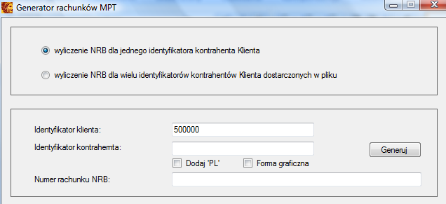 Instrukcja obsługi Generatora rachunków MPT- oprogramowania generującego numery rachunków wirtualnych wykorzystywanych w procesie realizacji Usługi masowego przetwarzania transakcji.