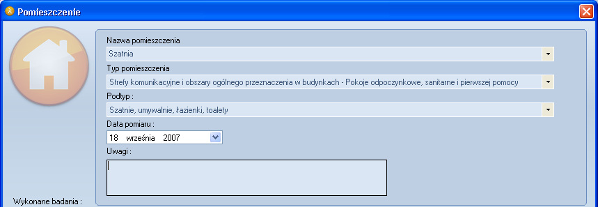Aby dodać nowe pomieszczenie należy nacisnąć przycisk [Dodaj pomieszczenie]. W wyświetlonym oknie należy zdefiniować rodzaj nowego pomieszczenia oraz określić jakiego rodzaju oświetlenie było badane.