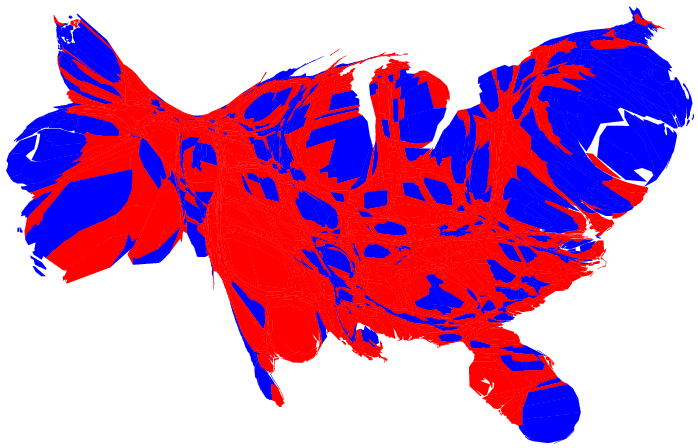 Mapa 7 przedstawia kartogram Purple America, uwzględniając liczbę ludności zamieszkującej każde hrabstwo (z wykorzystaniem metody dyfuzji Gastnera i Newmana). Mapa 5.