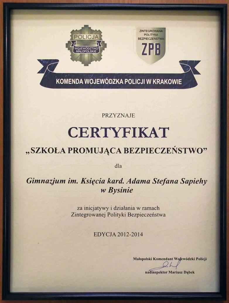 We wrześniu 2012 szkoła otrzymała certyfikat - "Szkoła promująca bezpieczeństwo" w ramach projektu Zintegrowanej