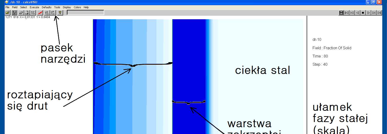 Rys. 56. Ekran roboczy modułu postprocesora programu CalcoMos do wizualizacji wyników obliczeń (po lewej stronie drut, po prawej ciekłe żelazo - kolor ciemno niebieski faza stała). 7.3.